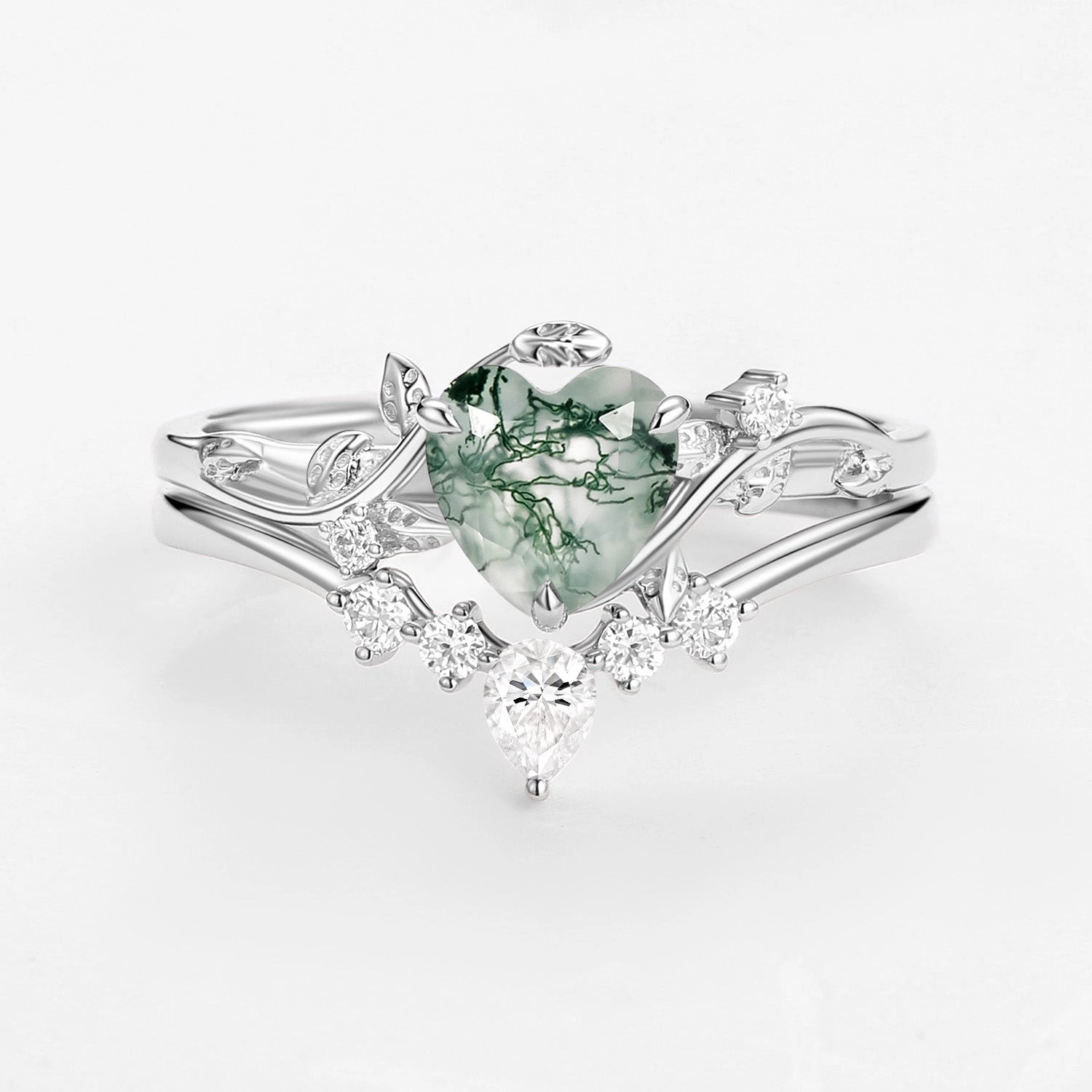 Opulent Finish Radiant Gifts Nature Inspired Heart Shaped Moss Agate Leafy Ring Set 2pcs - Willow