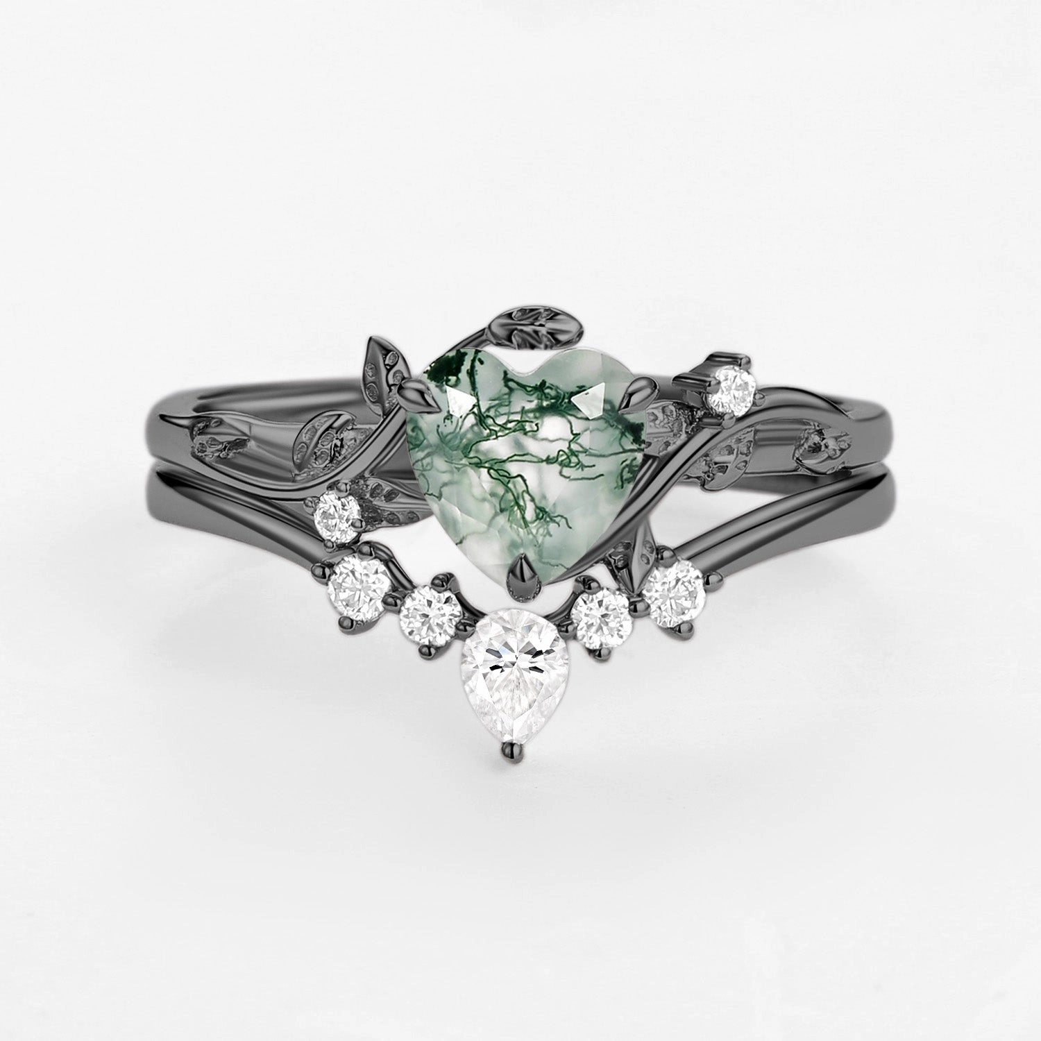 Luminous Sparkle Nature Inspired Heart Shaped Moss Agate Leafy Ring Set 2pcs - Willow