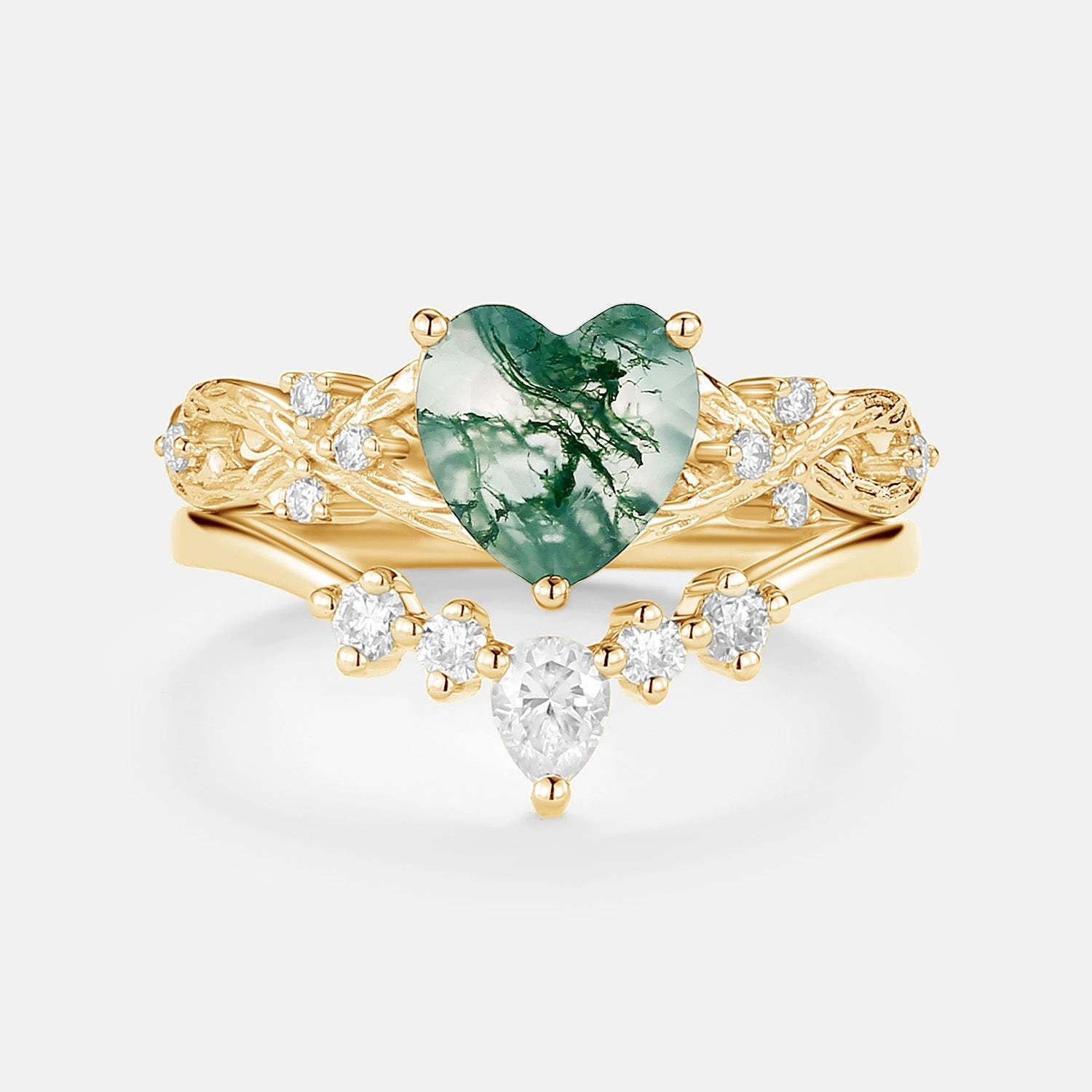Nature Inspired Infinity Heart Shaped Moss Agate Leafy Ring Set 2pcs - Midge Dazzling Piece fashion charm