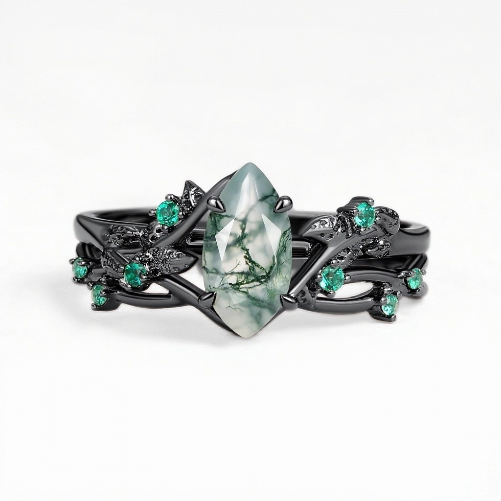Neat Spark Nature Inspired Moss Agate Vintage Marquise Engagement Ring Set 2pcs - Mossy