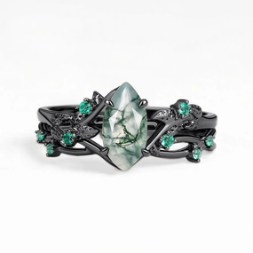 Smooth Finish Nature Inspired Moss Agate Vintage Marquise Engagement Ring Set 2pcs - Mossy