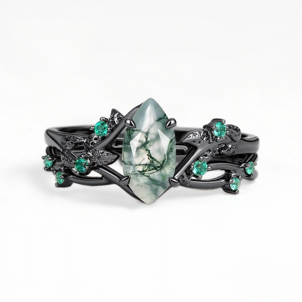Smooth Finish Nature Inspired Moss Agate Vintage Marquise Engagement Ring Set 2pcs - Mossy