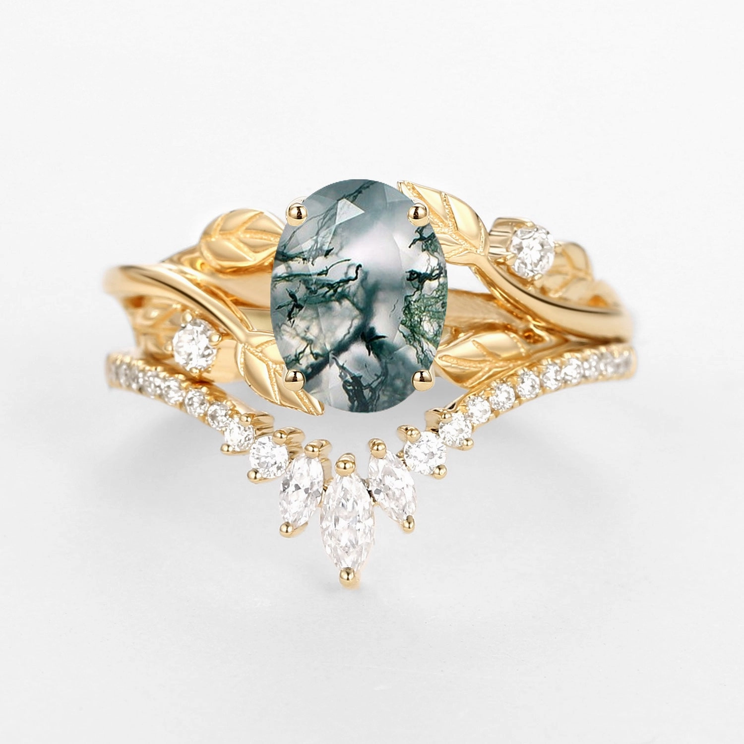 Date Ready Nature Inspired Oval Cut Big Leafy Moss Agate Ring Set 2pcs