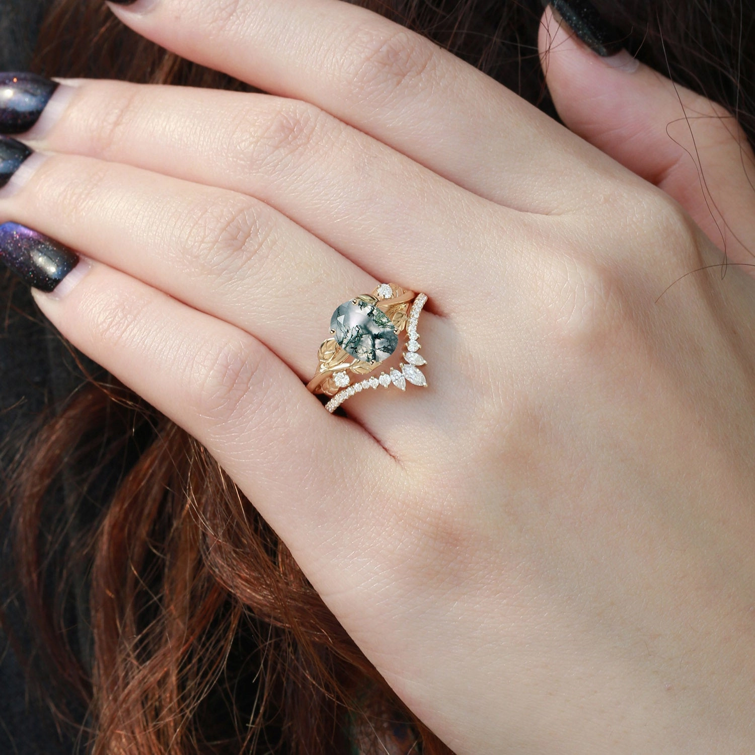 Modern Accent Sleek Spark Nature Inspired Oval Cut Big Leafy Moss Agate Ring Set 2pcs