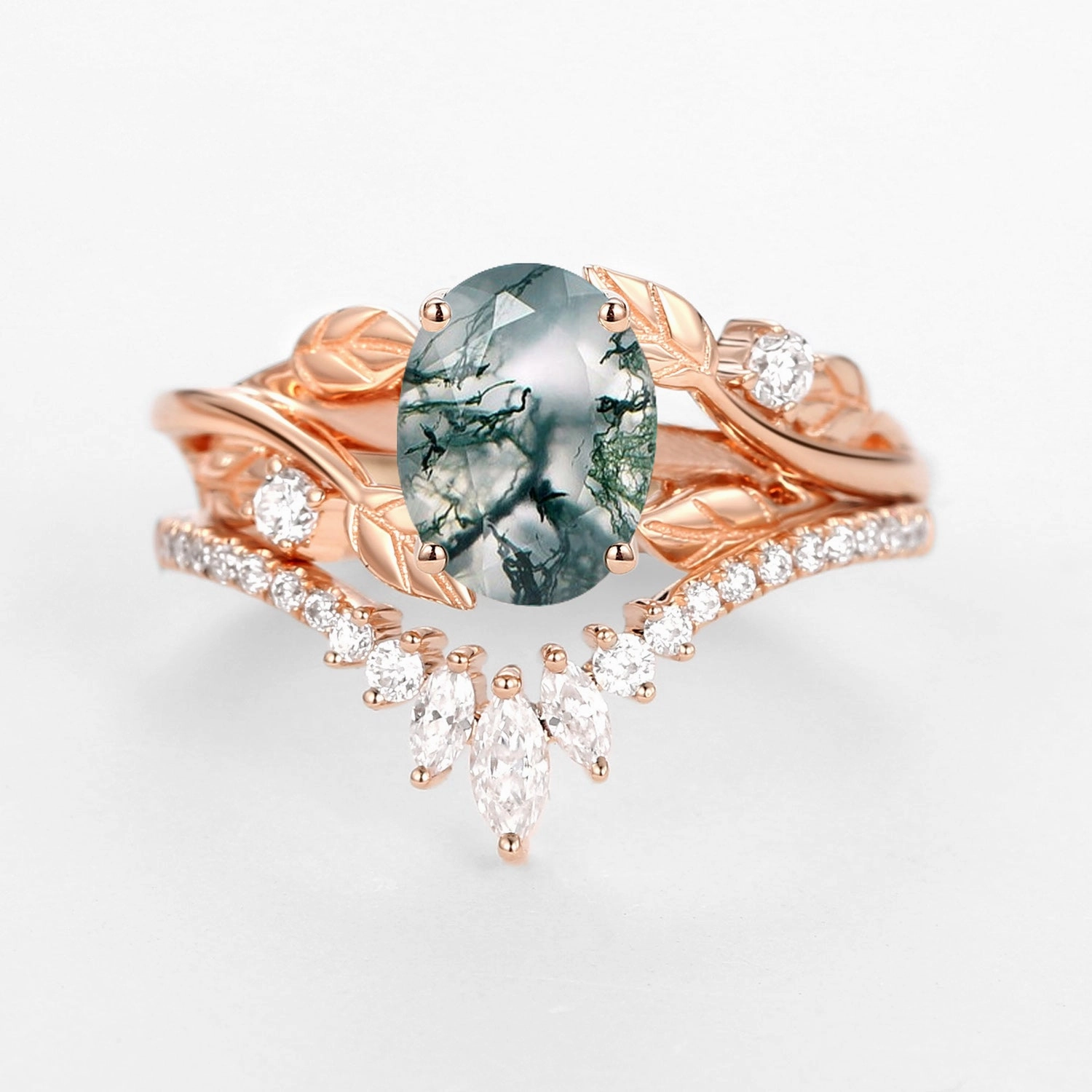 Nature Inspired Oval Cut Big Leafy Moss Agate Ring Set 2pcs Bold Form