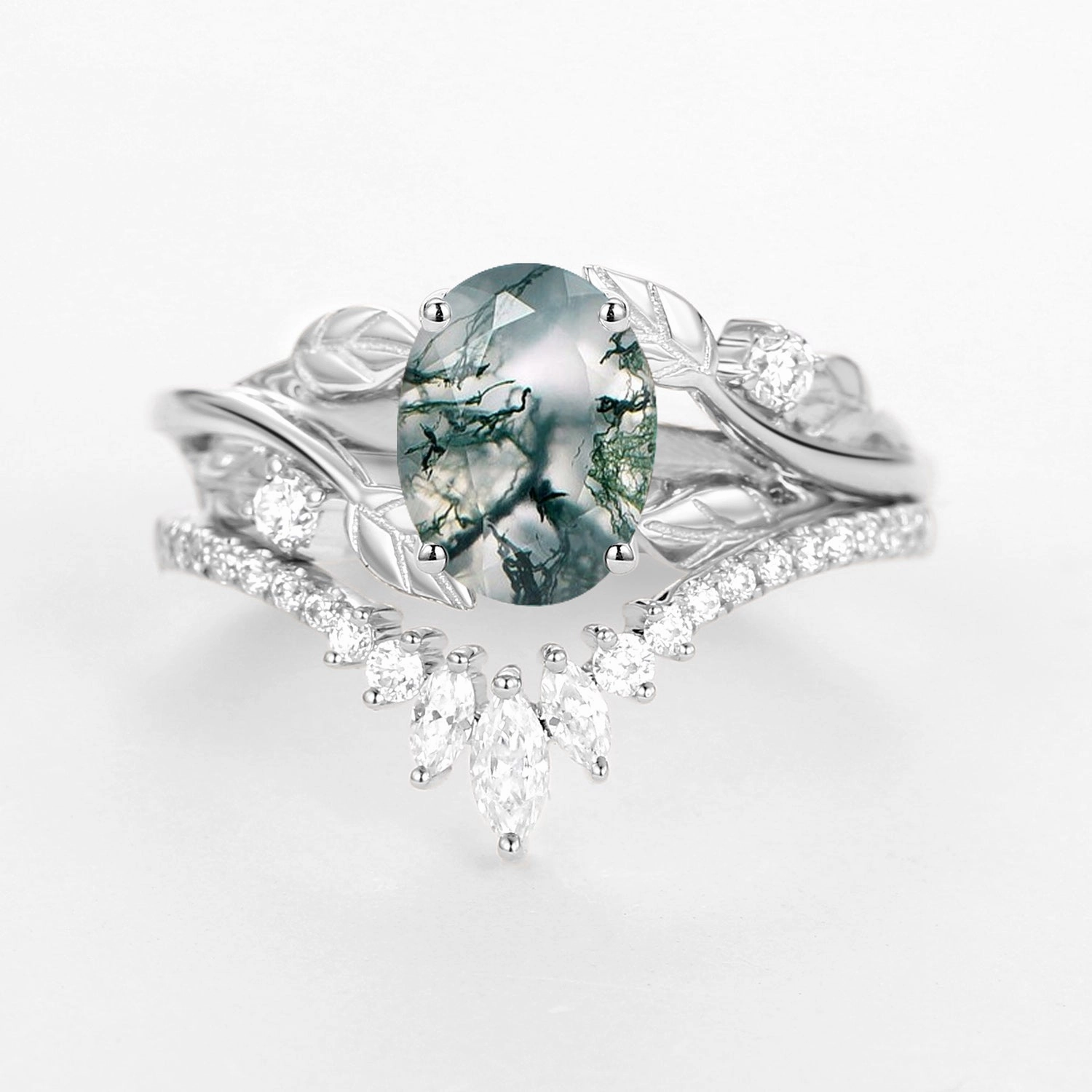 Nature Inspired Oval Cut Big Leafy Moss Agate Ring Set 2pcs Camera Focus