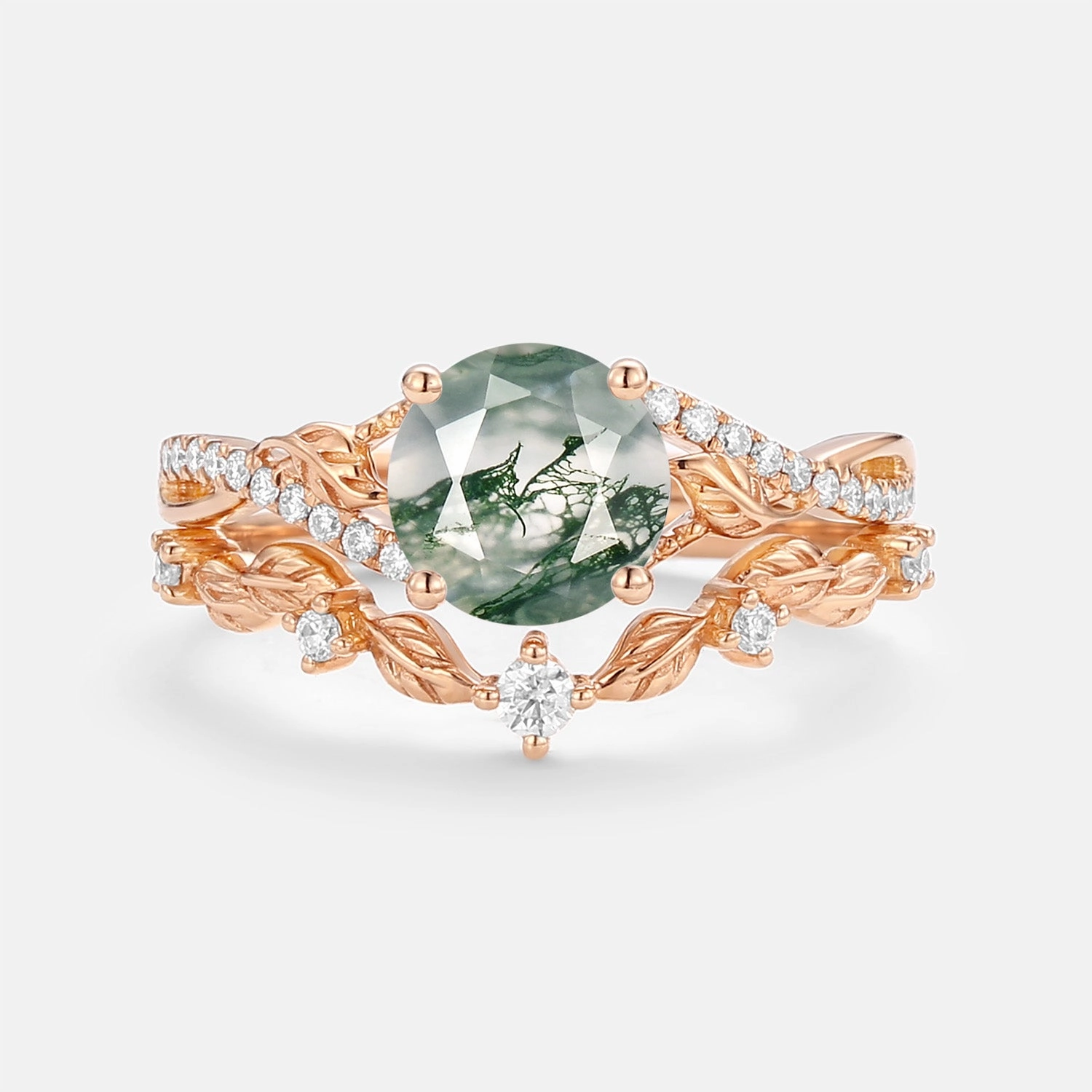 Cool Spark Nature Inspired-Round Moss Agate Leafy Engagement Ring Set 2pcs - Syrin