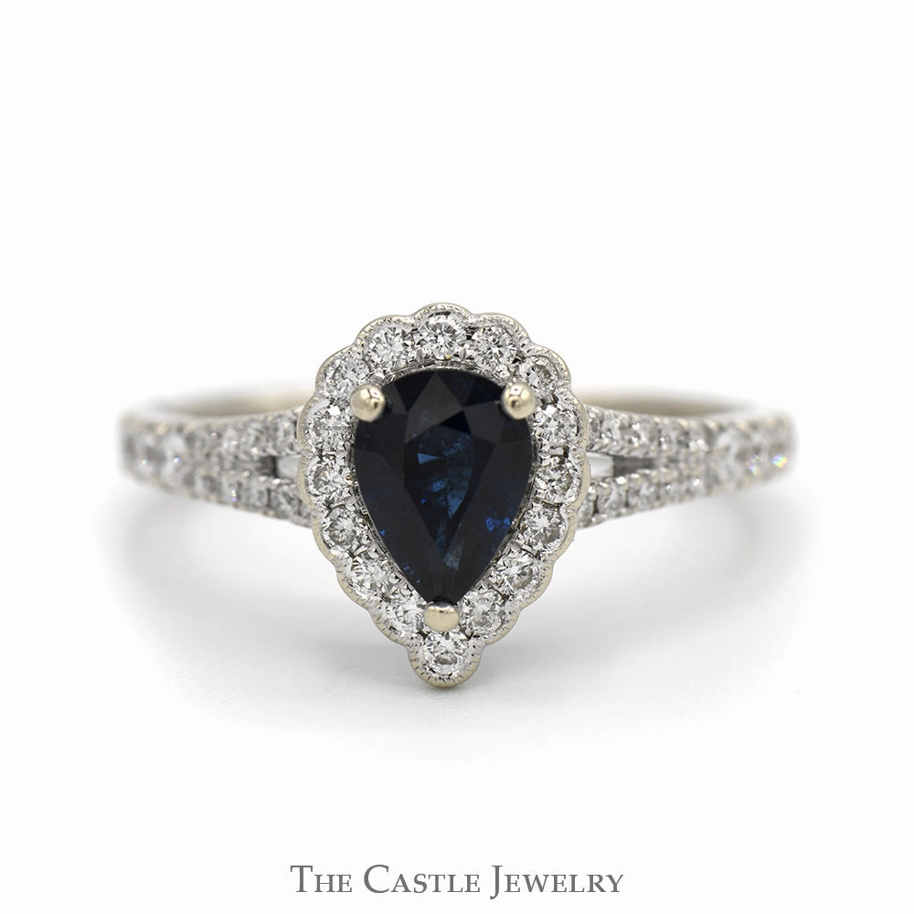 Minimal Mood Neil Lane Designer Pear Cut Sapphire Ring with Diamond Halo and Accented Sides in 14k White Gold