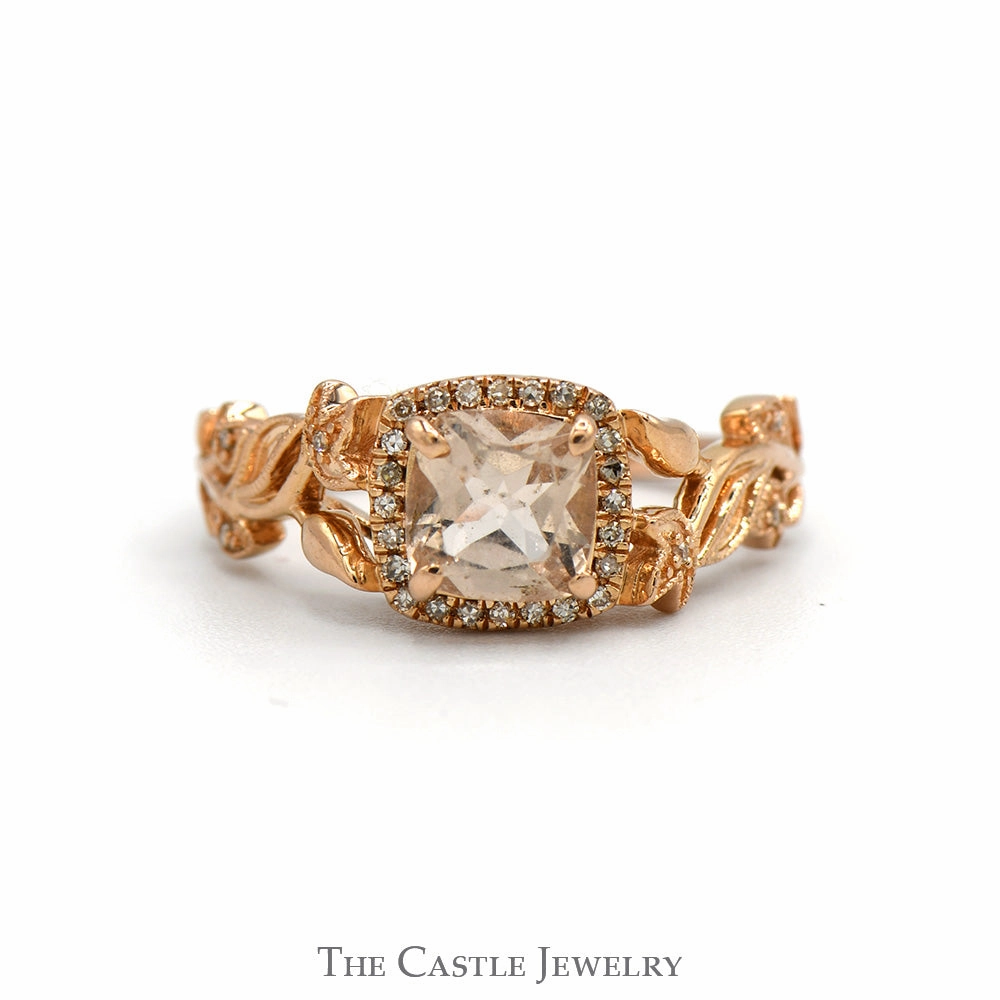 Cushion Cut Morganite Ring with Diamond Halo, Leaf & Flower Designed Sides in 14k Rose Gold Elegant Harmony