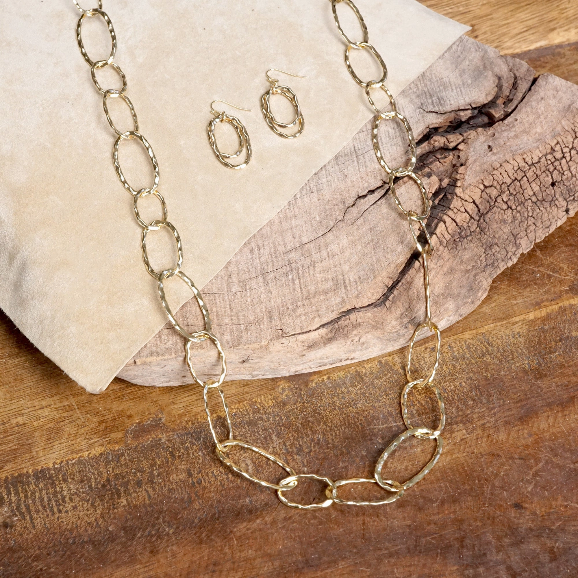 Versatile Hammered Gold Link Toggle Necklace & Earring Set Subtle Detail Subtle Jewelry