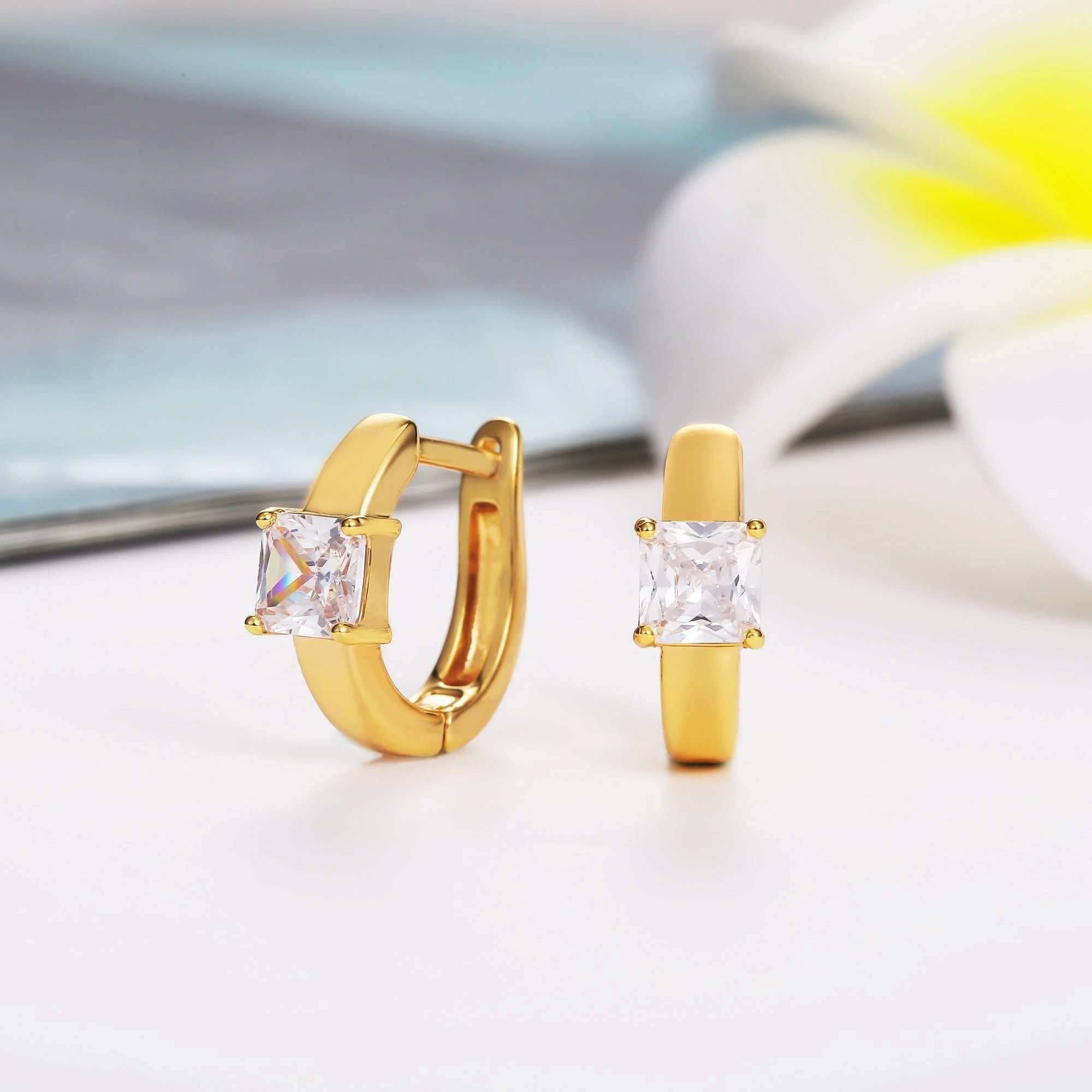 Stylish Selection Oval Embellishment 18K Gold Plated Square Cut Crystal Huggie Earrings