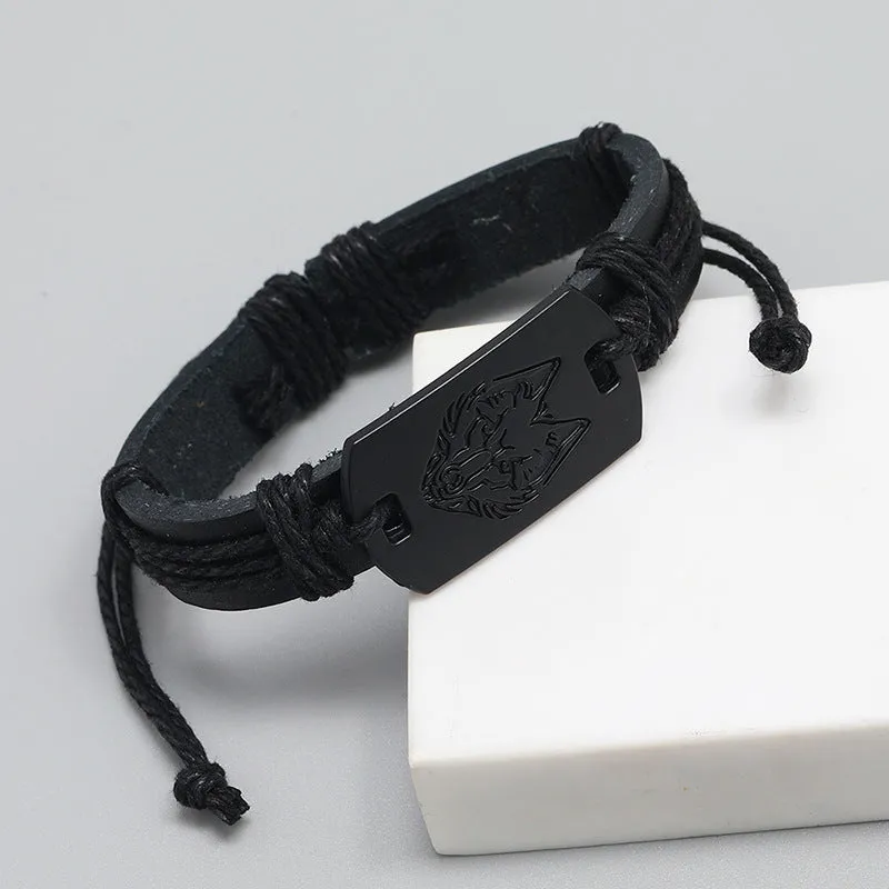 new fashion punk style men leather bracelet black wolf head bracelet