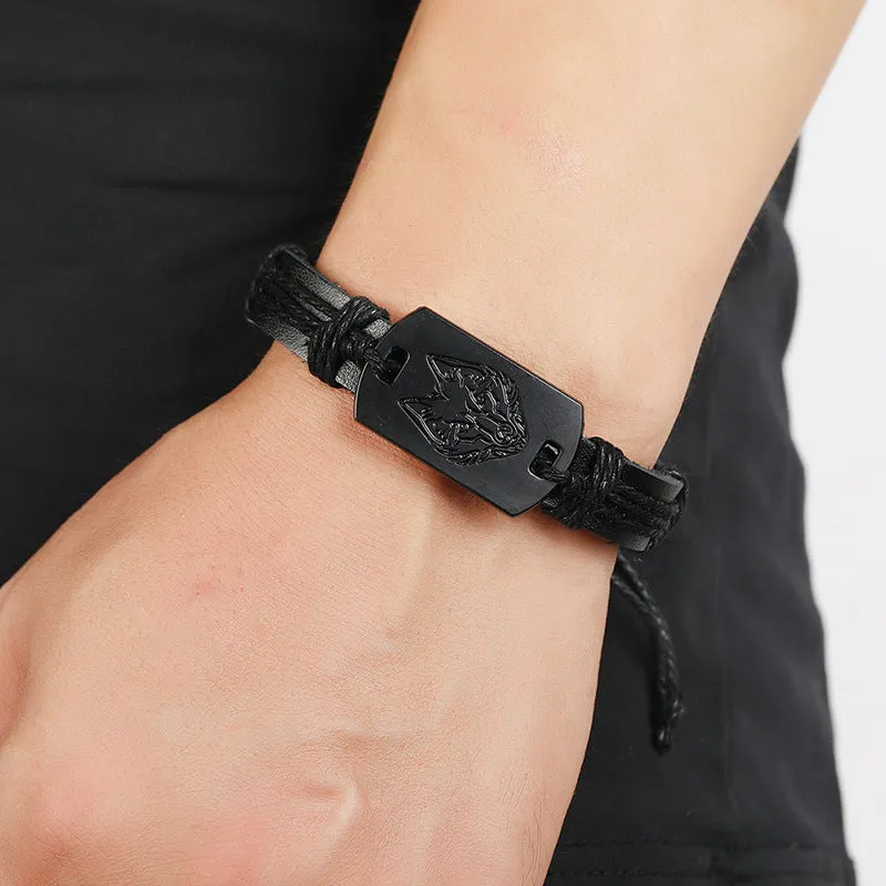 new fashion punk style men leather bracelet black wolf head bracelet