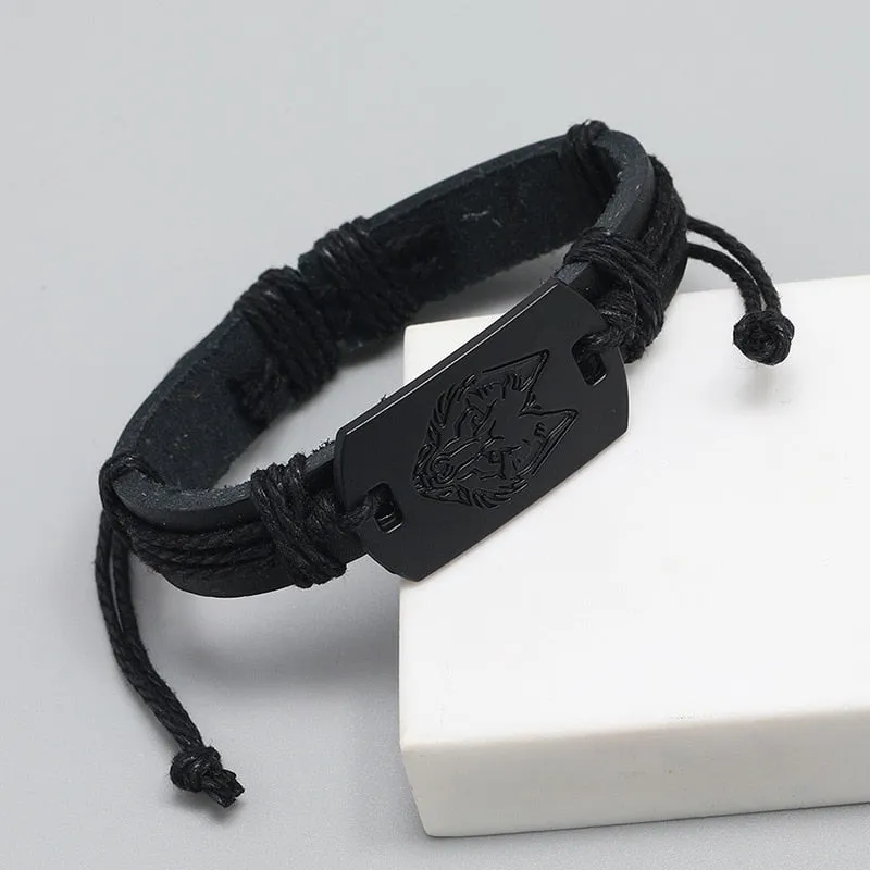 new fashion punk style men leather bracelet black wolf head bracelet