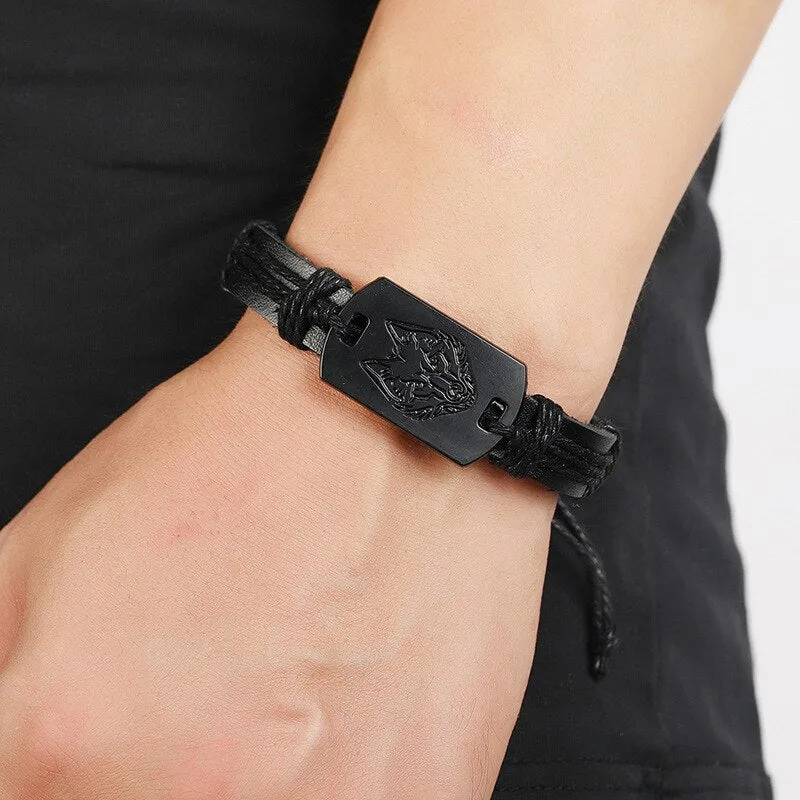 new fashion punk style men leather bracelet black wolf head bracelet