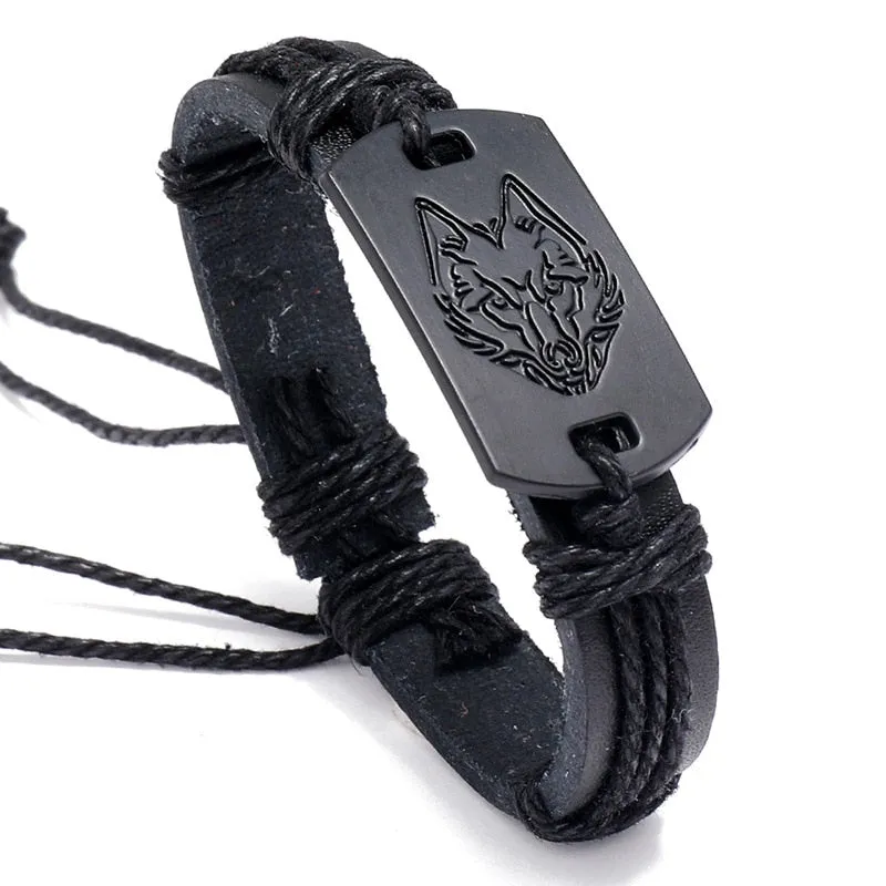 new fashion punk style men leather bracelet black wolf head bracelet