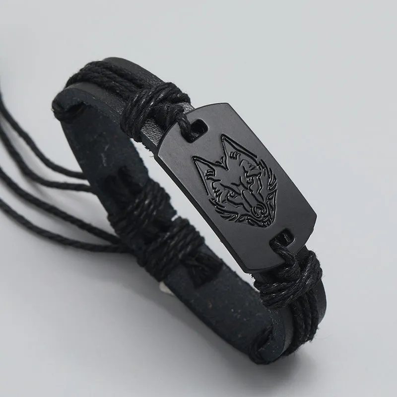 new fashion punk style men leather bracelet black wolf head bracelet
