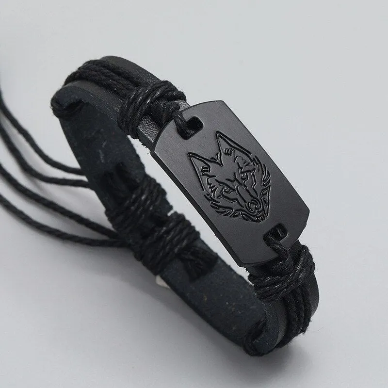 new fashion punk style men leather bracelet black wolf head bracelet
