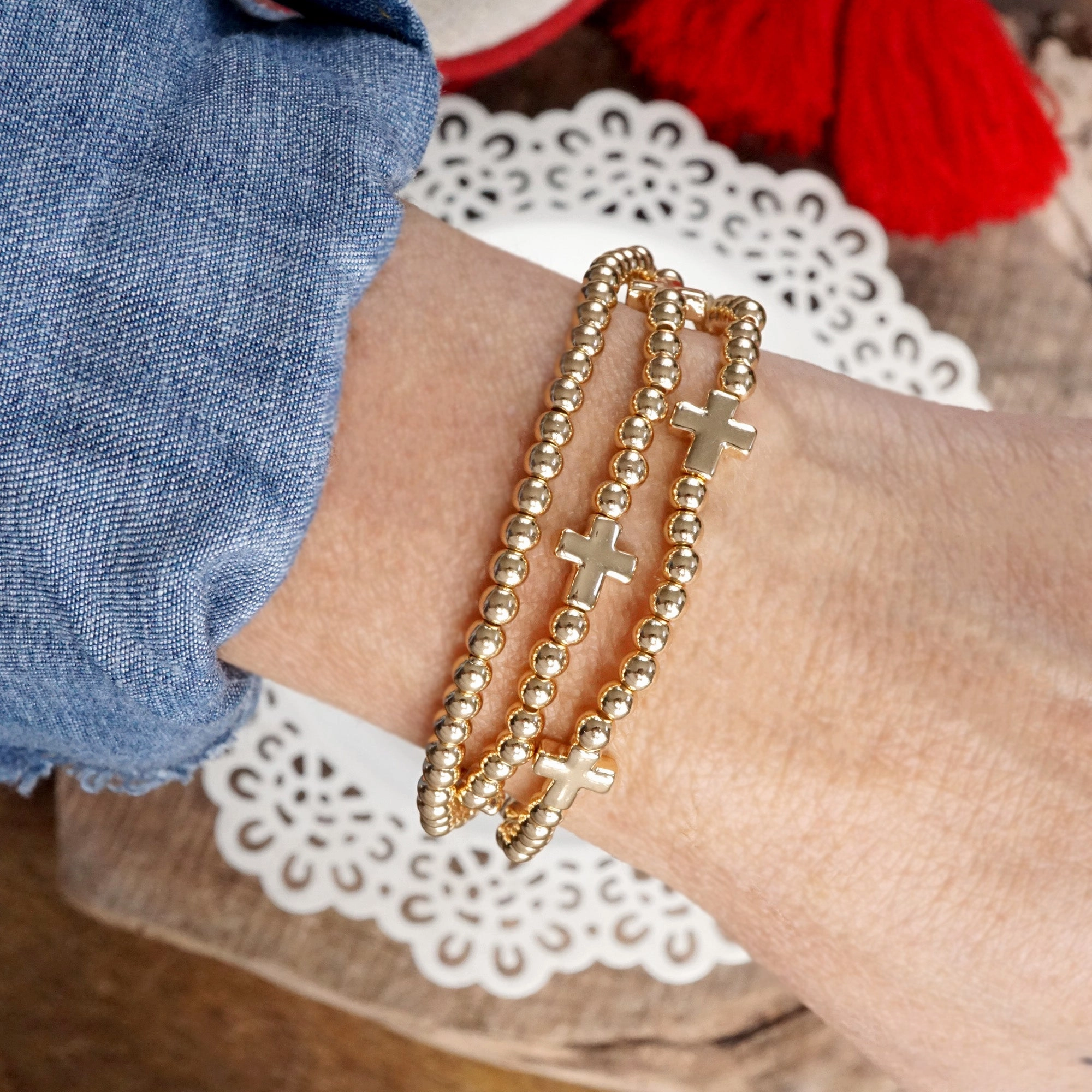 Mini Sideways Cross Bracelet Set Ball Beads Gold Tone New Interpretation