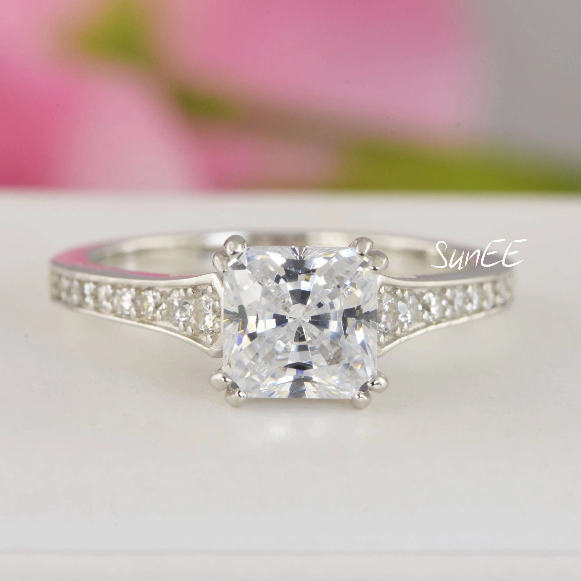 2.14ct Princess Cut Bridal Wedding Engagement Ring Diamond Simulated 925 Sterling Silver Anniversary Ring SKU:00219 Shiny Effect