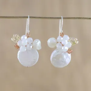 Night Glamour in White Cultured Pearl and Glass Dangle Earrings from Thailand