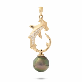 Creative Look Glamorous Pieces Ocean Dance Hammerhead Shark Tahitian Black Pearl Pendant in Gold with Diamonds