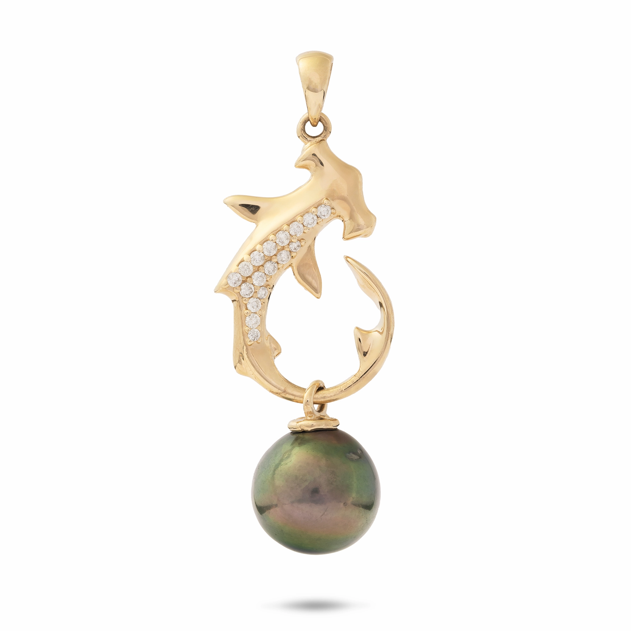 Creative Look Glamorous Pieces Ocean Dance Hammerhead Shark Tahitian Black Pearl Pendant in Gold with Diamonds