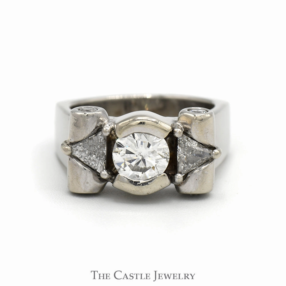 1.75cttw Bezel Set Diamond Ring with Trillion Cut Diamond Accents in 14k White Gold Premium Expression