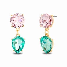 Lesa Michele Pink and Green Rhinestone Teardrop Dangle Yellow Gold Plated Earrings Formal Accessory