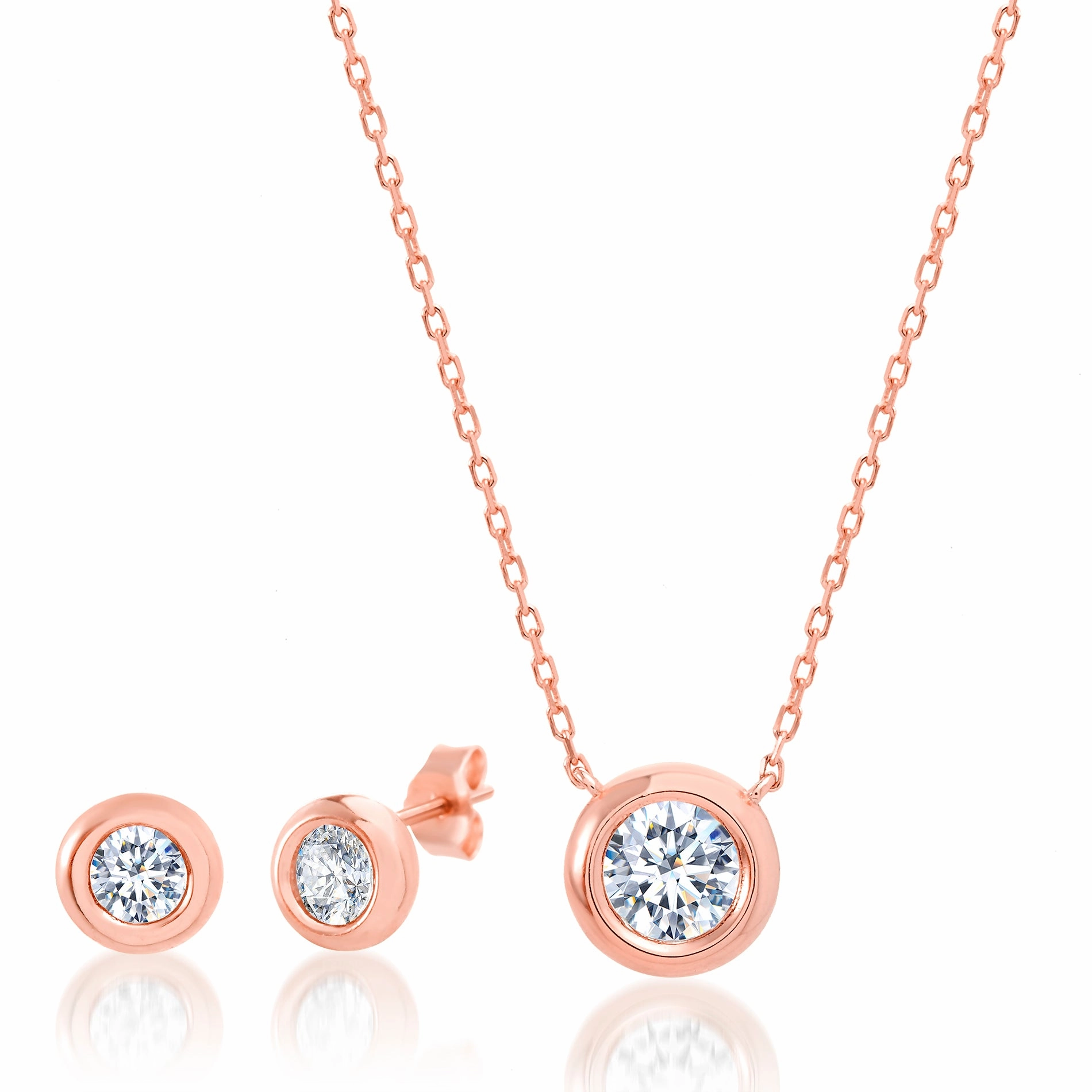 Modern Ornament Summer Trinket Lesa Michele Bezel Set Cubic Zirconia Necklace and Earring Set in Sterling Silver