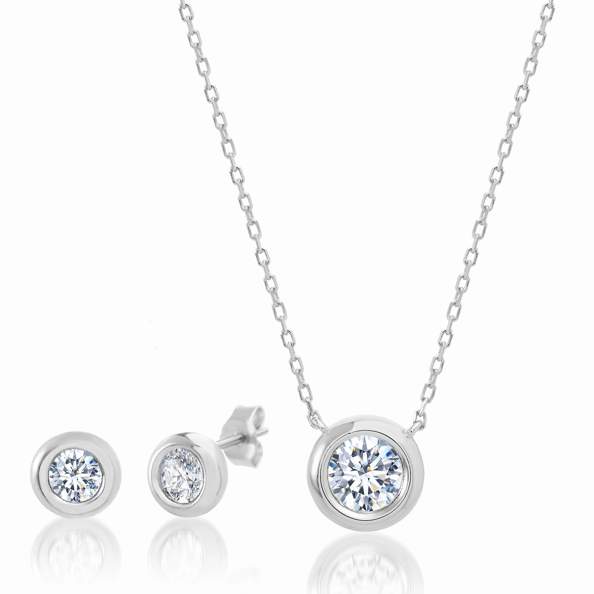 Luxurious Jewelry Lesa Michele Bezel Set Cubic Zirconia Necklace and Earring Set in Sterling Silver