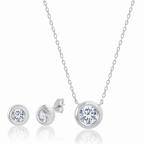 Luxurious Jewelry Lesa Michele Bezel Set Cubic Zirconia Necklace and Earring Set in Sterling Silver