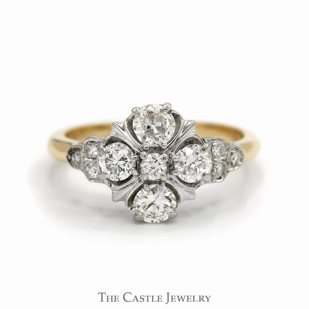 Old European Cut Diamond Flower Cluster Ring in 10k Yellow Gold Sturdy Symbol Artisan Gift