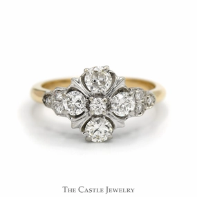 Old European Cut Diamond Flower Cluster Ring in 10k Yellow Gold Sturdy Symbol Artisan Gift