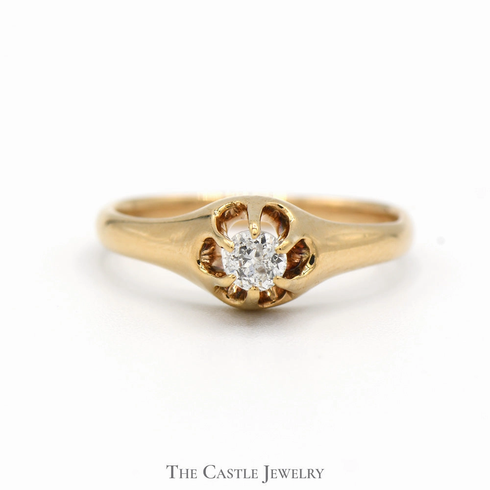 Old Mine Cut Diamond Solitaire Engagement Ring with Bearclaw Setting in 14k Yellow Gold Shimmer Accent