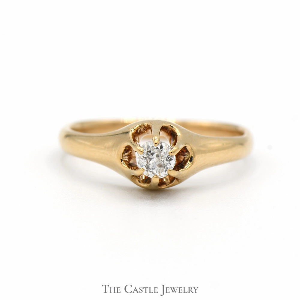 Elegant Sign Old Mine Cut Diamond Solitaire Engagement Ring with Bearclaw Setting in 14k Yellow Gold