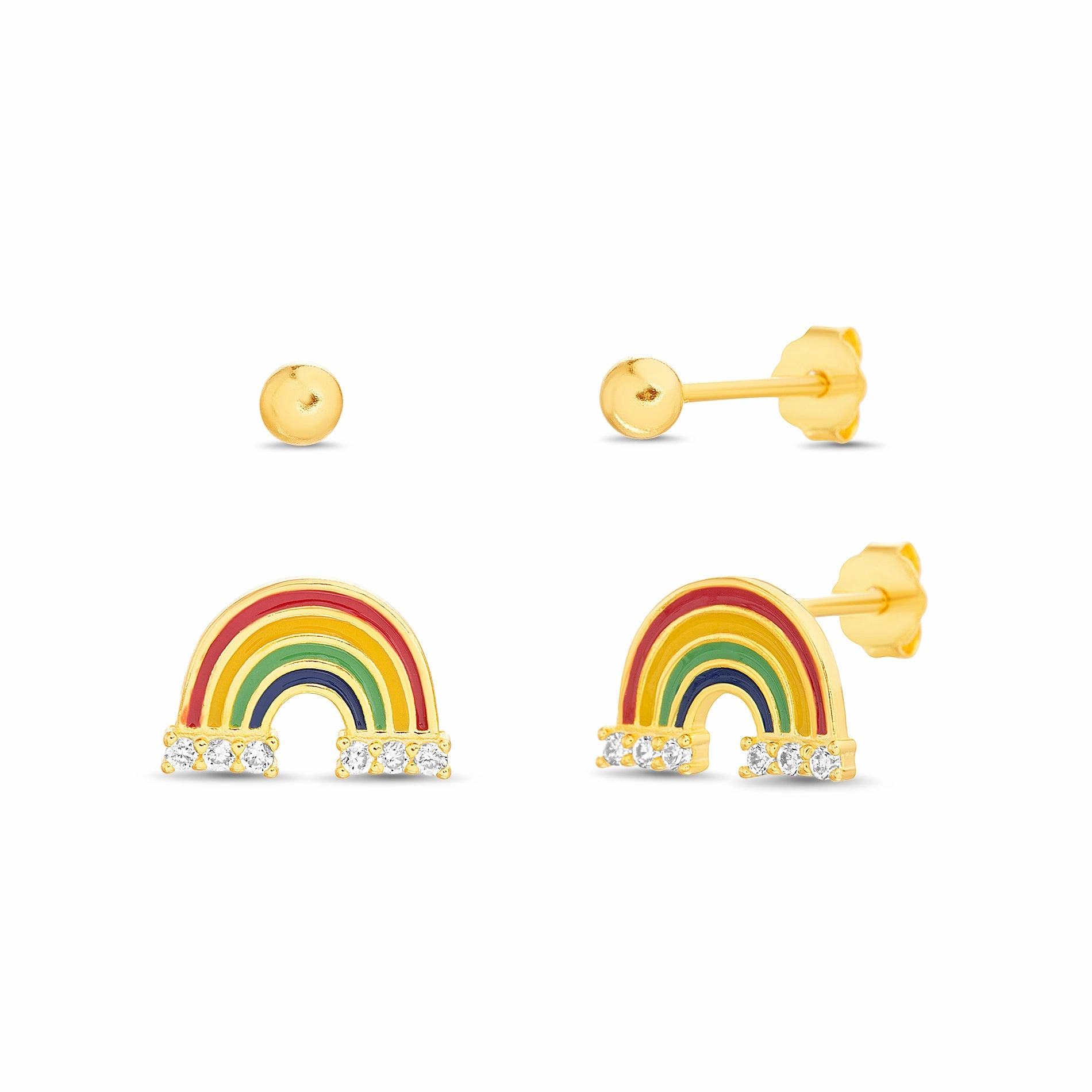 Olivia & Jackson Cubic Zirconia Rainbow and Polished Ball Duo Stud Earrings Set in Yellow Gold Plated Sterling Silver Small Decoration Avant-Garde Adornment