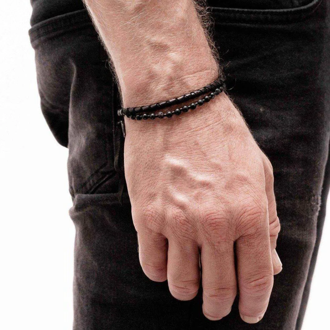 Onyx, Lava Beads, Leather and Silver Bracelet