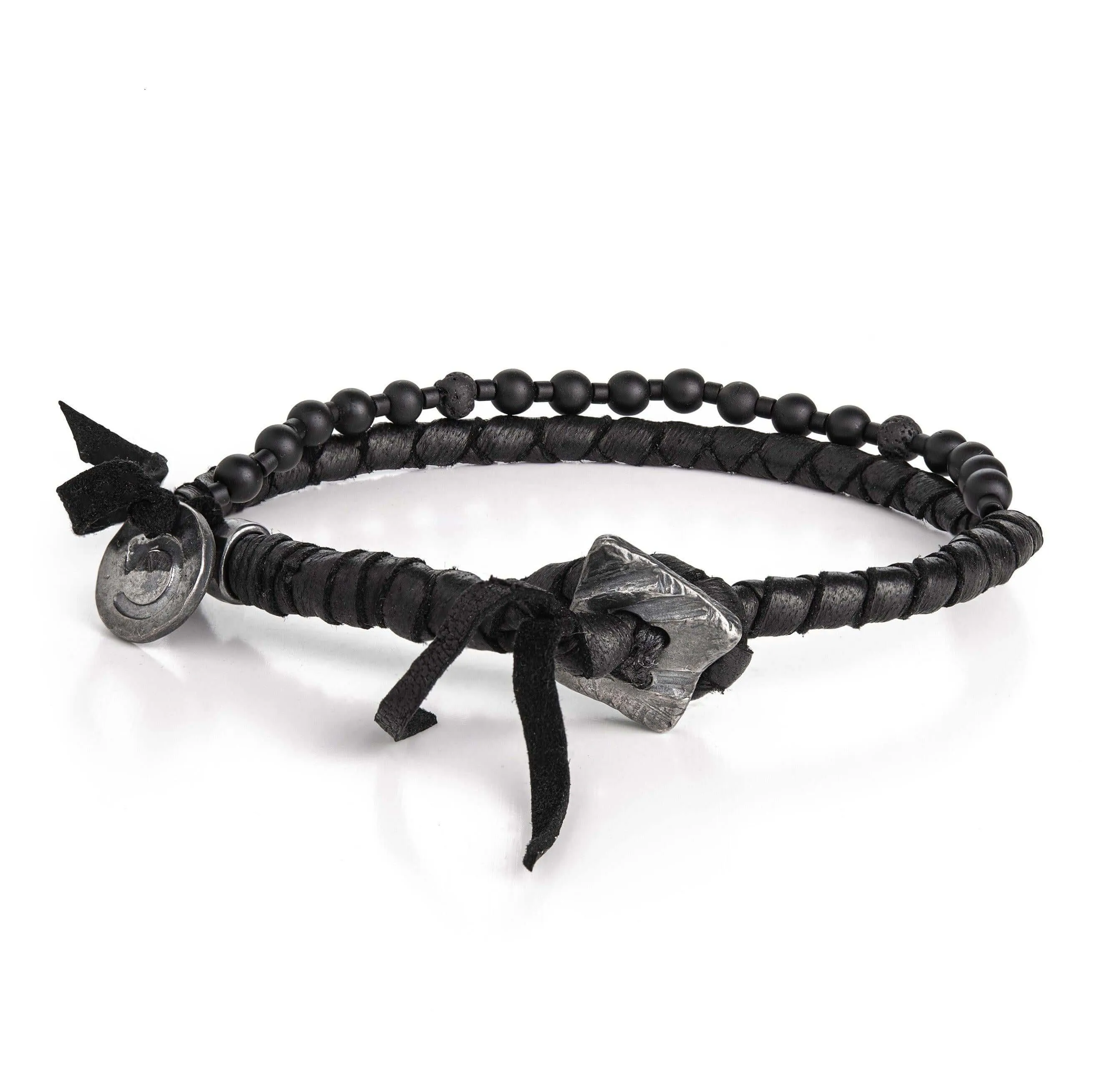 Onyx, Lava Beads, Leather and Silver Bracelet