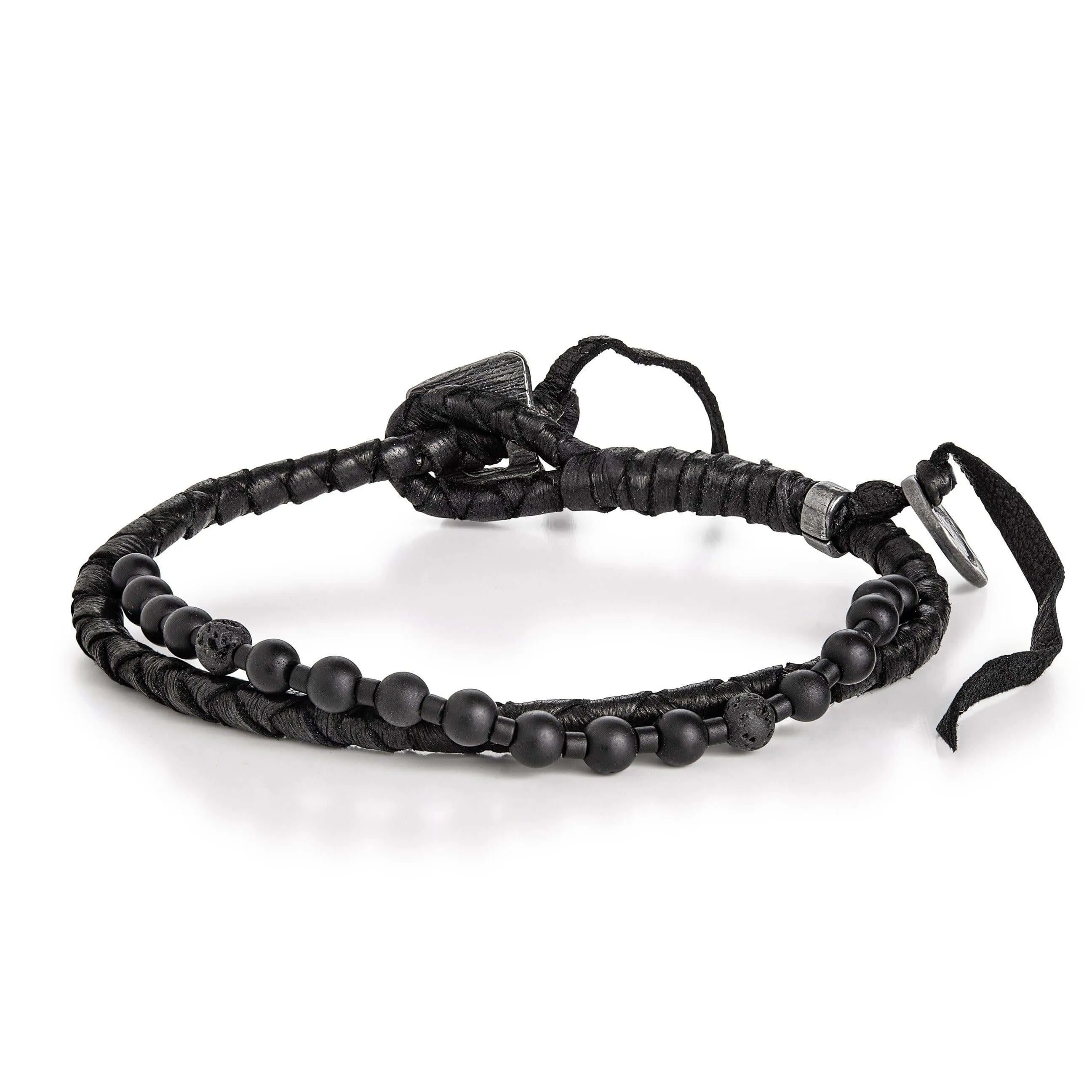 Onyx, Lava Beads, Leather and Silver Bracelet