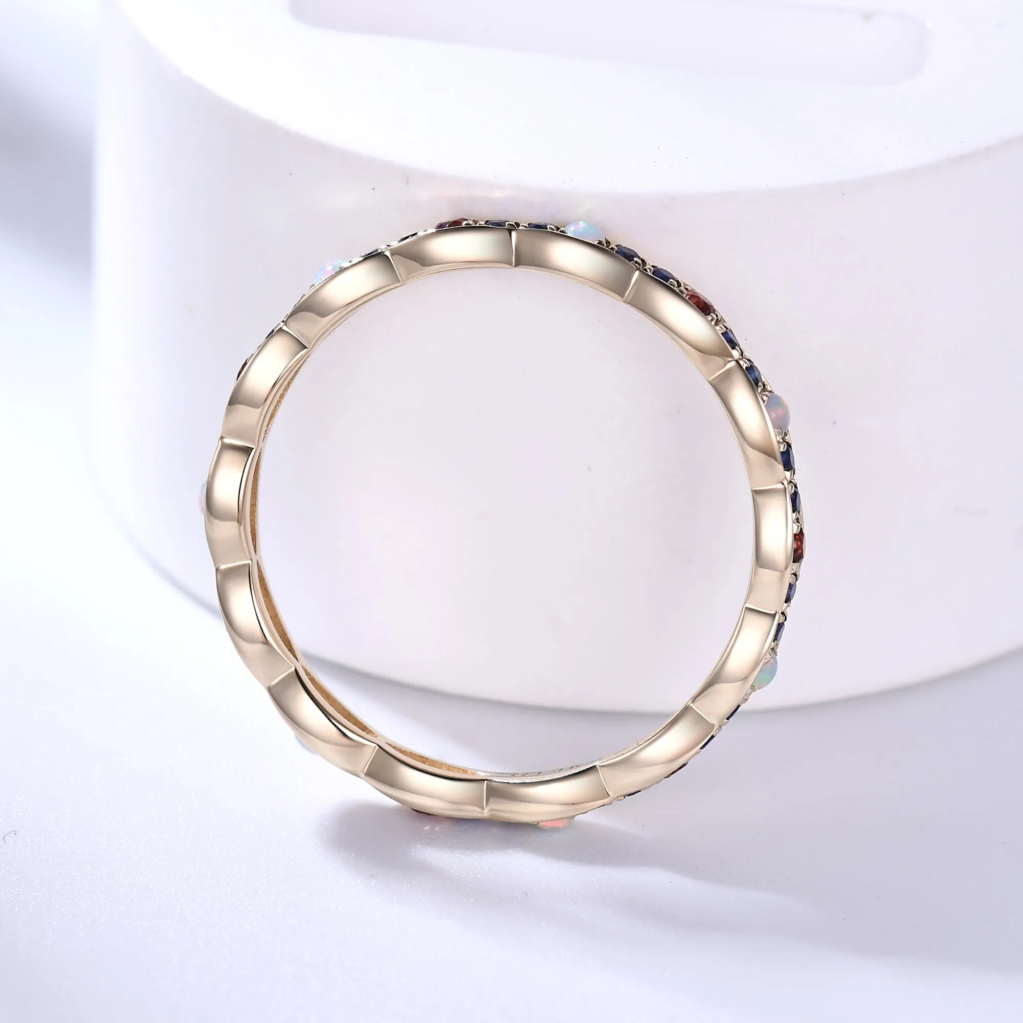 Opal Garnet Sapphire Yellow Gold Wedding Band Multiple Gemstone Full Eternity Ring