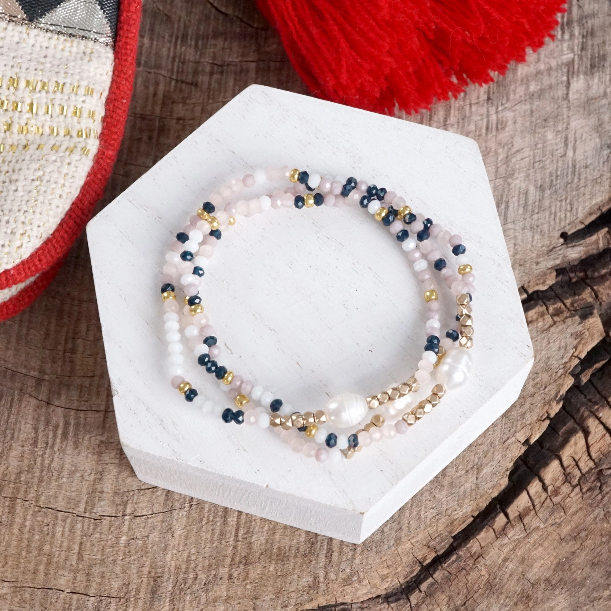 Beaded Bracelets Sets with glass and metal beads and freshwater pearls Fairly Valued