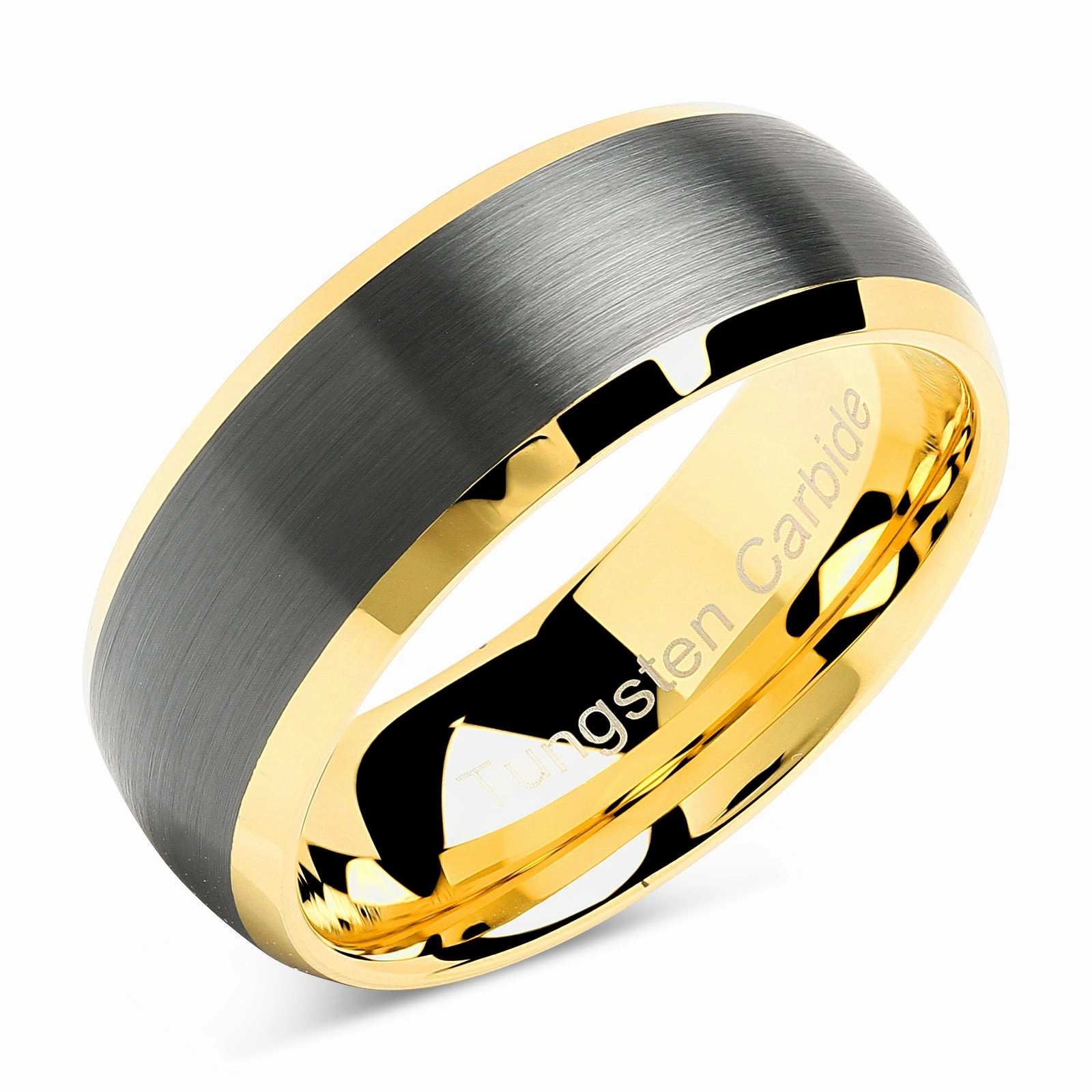 Tungsten Rings Wedding Band Black Matte Gold Dome Edge Sizes 6-16 Polished Design Physical Store