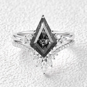 Unique Black Rutilated Quartz Big Engagement Ring Set 2pcs - Lydia Quick Shine