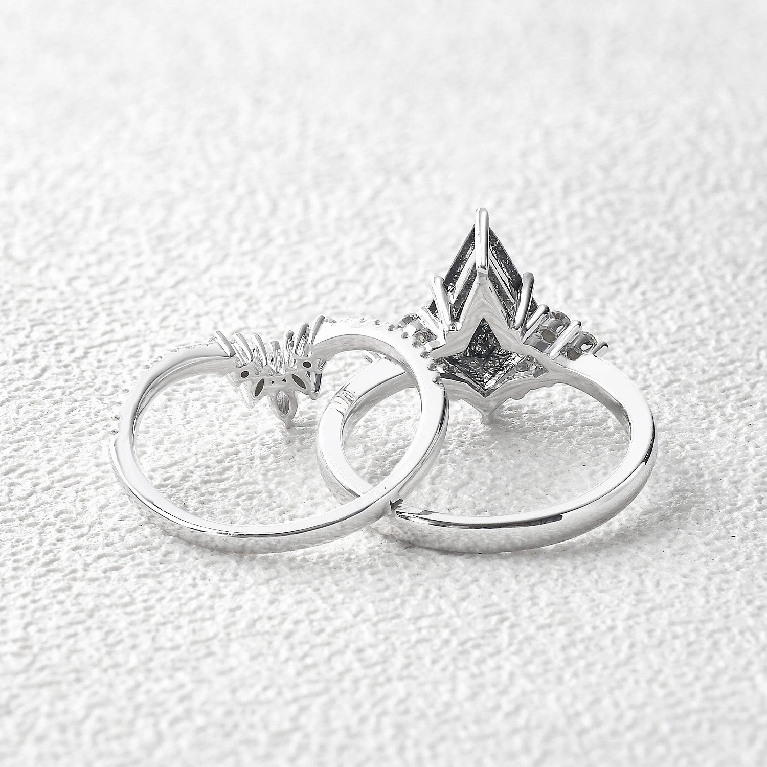 Unique Black Rutilated Quartz Big Engagement Ring Set 2pcs - Lydia Weekend Light