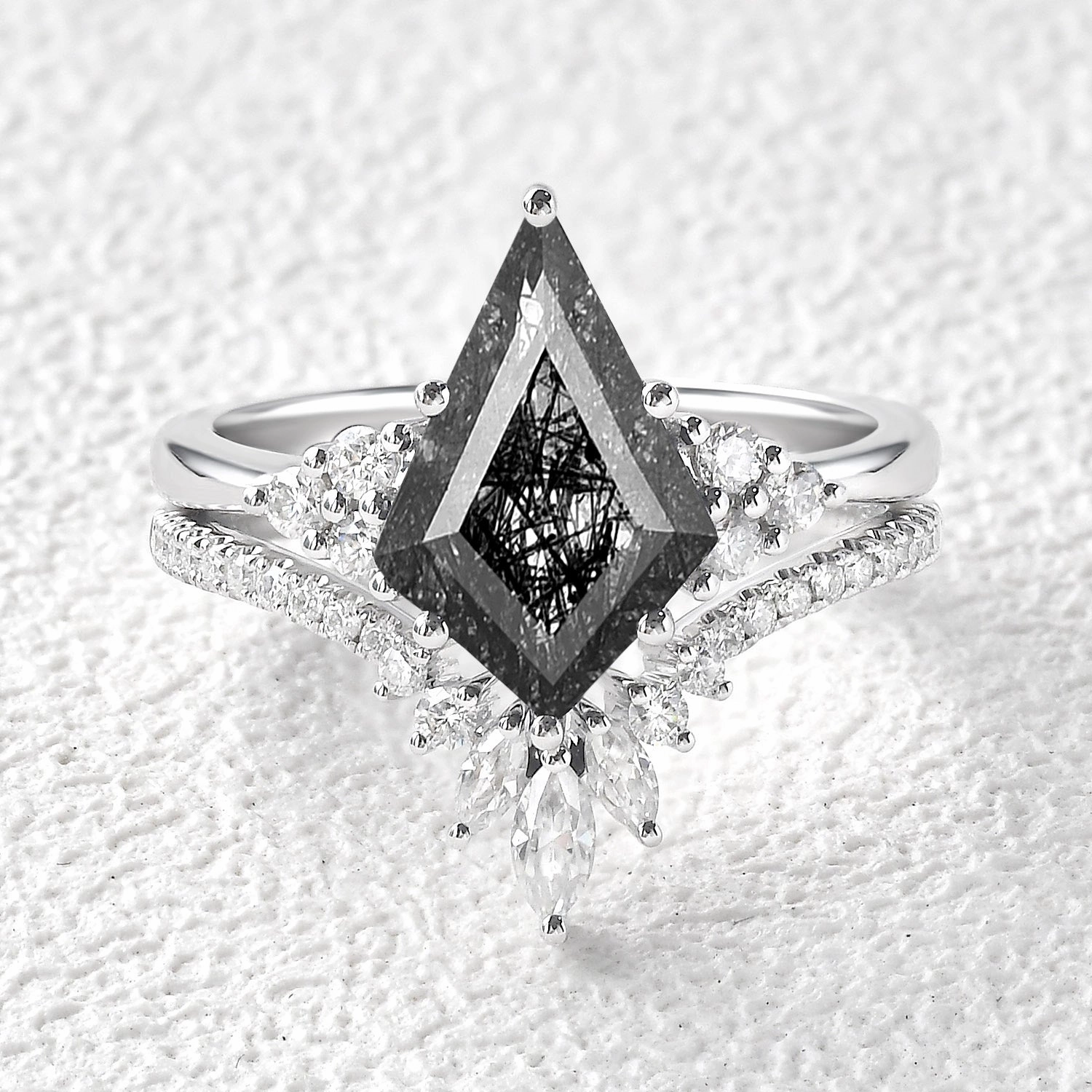 Unique Black Rutilated Quartz Big Engagement Ring Set 2pcs - Lydia Quick Shine