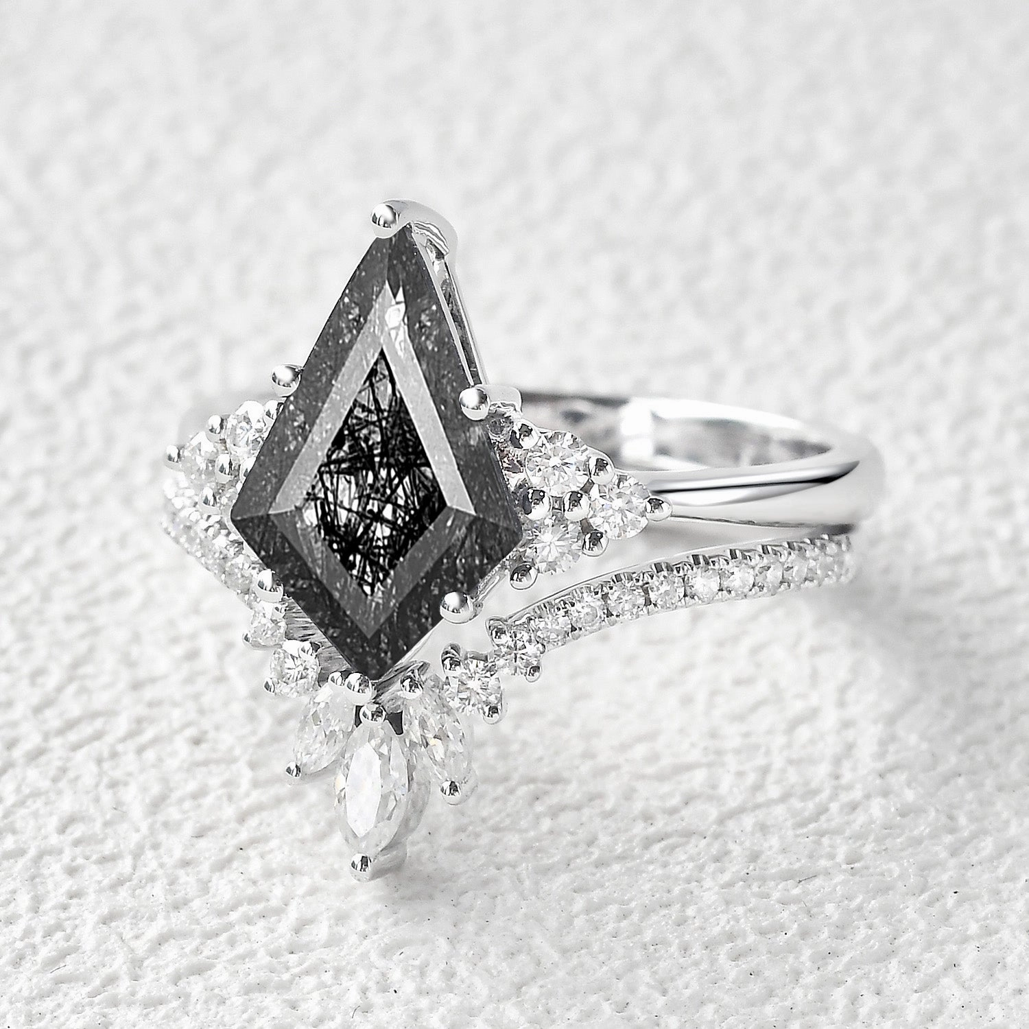 Opulent Sparkle Lustrous Glow Unique Black Rutilated Quartz Big Engagement Ring Set 2pcs - Lydia