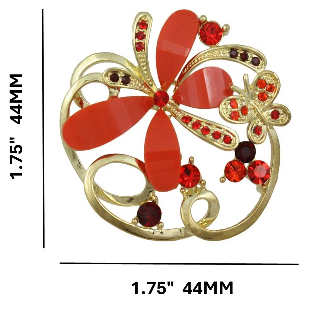 Orange Resin and Crystal Butterflies Brooch Pin - PRI081P