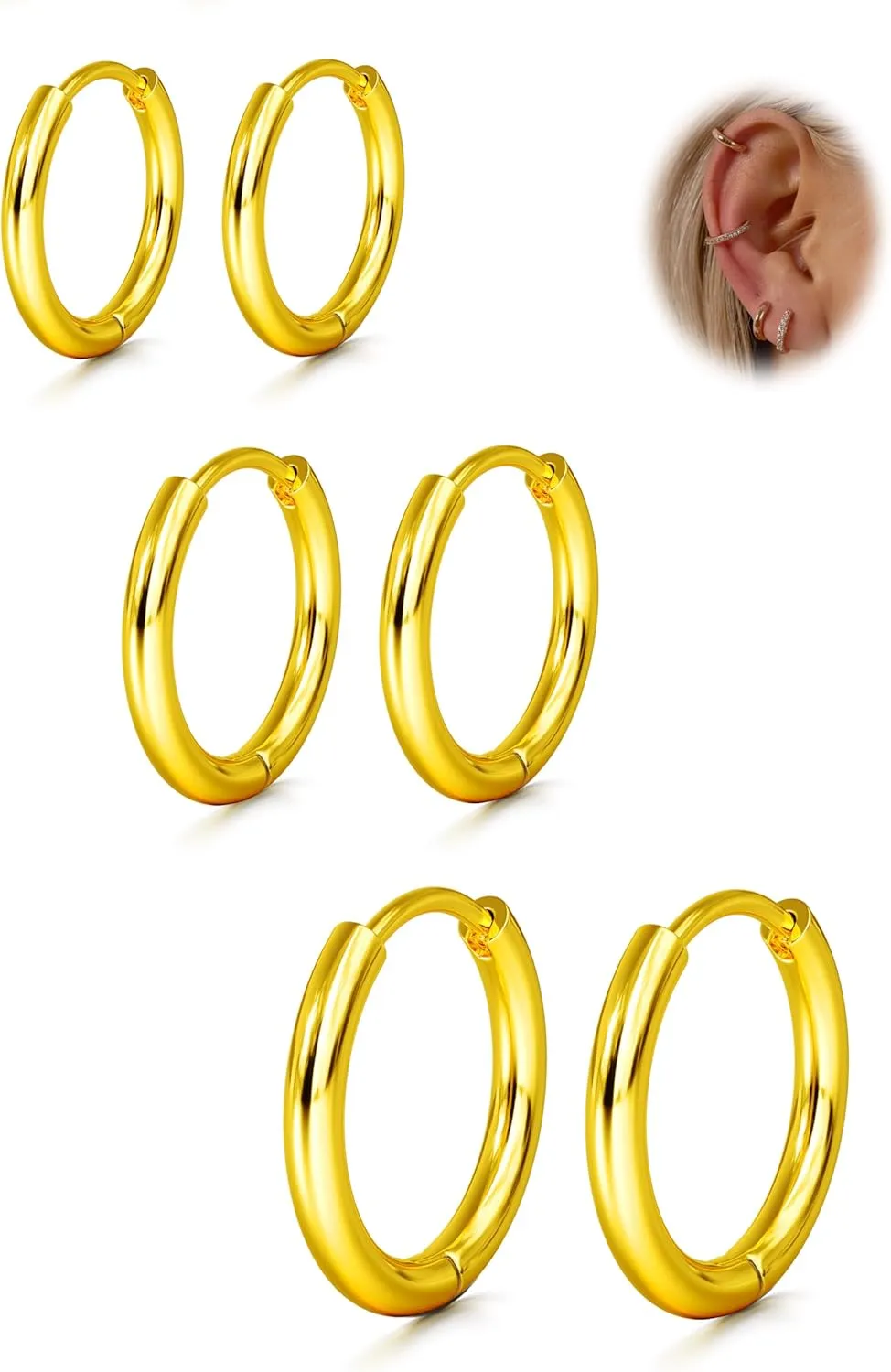 ORAZIO Small Hoop Earrings for Women - 316L Stainless Steel Small Hoops Earrings Set 14K Real Gold Plated Huggie Earring Sets Lightweight Cartilage Piercings Jewelry 18 Gauge Huggie for Sensitive Ears Men Women Gold Silver Black 6-12MM