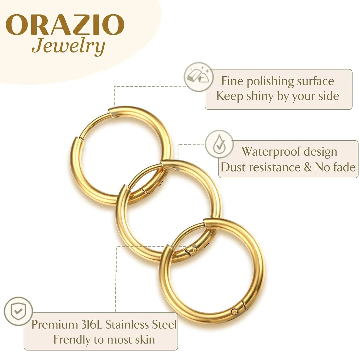 ORAZIO Small Hoop Earrings for Women - 316L Stainless Steel Small Hoops Earrings Set 14K Real Gold Plated Huggie Earring Sets Lightweight Cartilage Piercings Jewelry 18 Gauge Huggie for Sensitive Ears Men Women Gold Silver Black 6-12MM